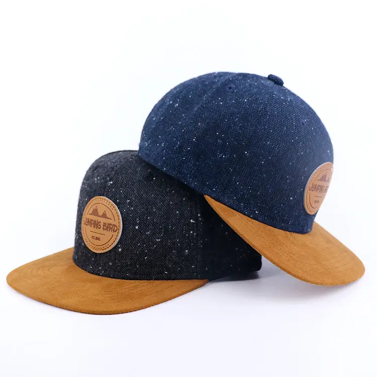 Benutzer definierte Wolle & Wildleder Snapback Hüte Kappen hochwertige schwarze Leder Patch Snapback Cap 6 Panel Snapback