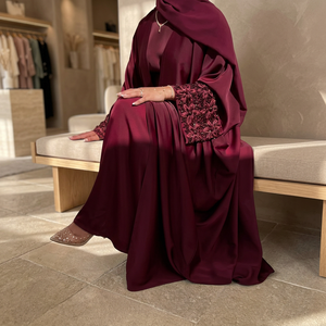 Elegant <b>Burgundy</b> Embroidered Polyester Loose Abaya Women Floor Length Modest Long Sleeve V Neck Middle East <b>Wedding</b> <b>Dress</b> - Product Image 3