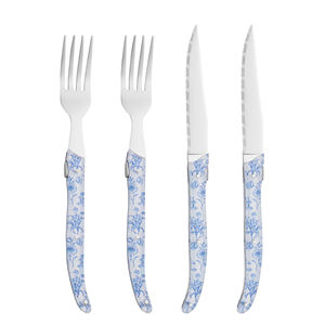 Vente directe d'usine de couteaux et fourchettes à steak de luxe en acier inoxydable avec manches en acrylique imprimées « Northern Poetry ». - Product Image 1