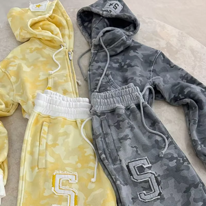 Custom Heavyweight 420 Gsm Cotton Fleece Applique Embroidery Sporty Cropped Zip up Camo Hoodie Sweatpants <b>Set</b> - Product Image 5