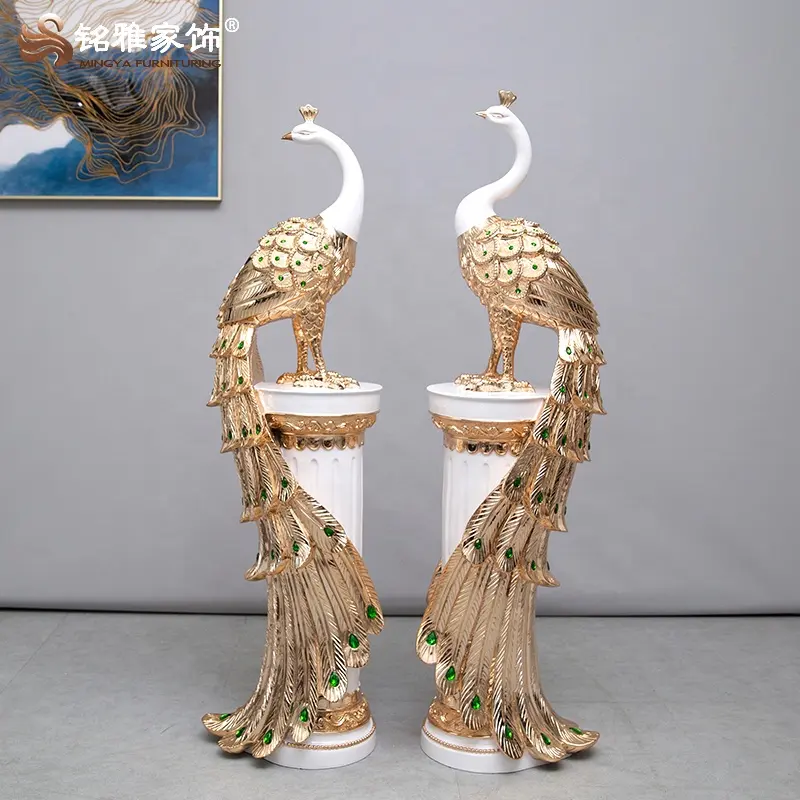 High-end Home Decoration Office Ornament Feng Shui Large Phoenix Statue Gold Peacock Resin Sculpture