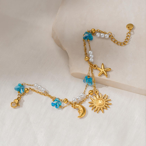 Boho Double Layer Blue <b>Crystal</b> Pearl Chain Bracelet 18K Gold Plated Stainless Steel <b>Moon</b> Charm Bracelet - Product Image 4