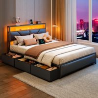 Eisenbett im Postmodernen Stil, Langlebiges Queensize-Bett mit 2-stufigem Stauraum-Kopfteil, 6 Stoffschubladen, Umweltfreundliches PU-Leder-Polsterbett