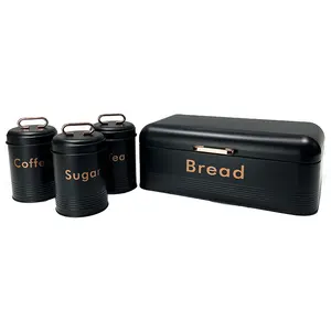 Black Metal Home Kitchen Gifts Bread Bin/Box/Container Biscuit Tea Coffee Sugar Tin Canister Set