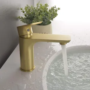 Aquacubic Brushed Gold Lever Handle Single Hole Brass Solid Bathroom Basin Sink Faucet