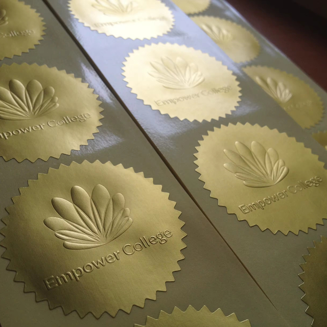 Luxury Matte Golden Color logo Embossed College Certificate Sticker Labels