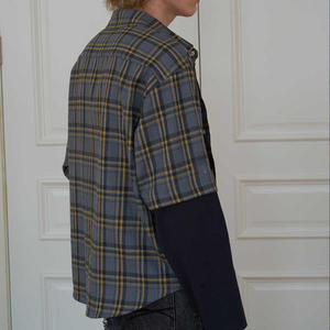Personalizado de gran tamaño Vintage Boxy empalme tela camisetas Streetwear algodón doble capa manga camisas a cuadros para los hombres - Product Image 5