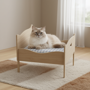 Cama Elevada para Mascotas con Cabecera Decorativa y Rieles, Marco de Madera Rectangular, para Interiores, Todas las Estaciones, Desmontable, Lavable, con Patrón a Cuadros - Product Image 2