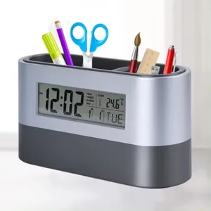 Jam alarm, iklan unik LCD digital meja listrik musik alarm pemegang pena otomatis kalender