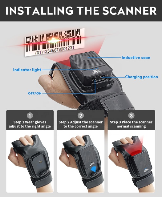 JR 2080W Wearable 1D 2D USB Glove Ring Finger Trigger Barcode Scanner for Warehouse Logistics and Courier