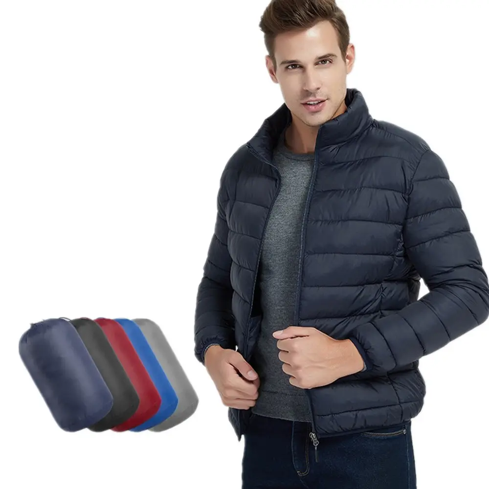 新しいデザインの冬のライトダウンジャケットカスタムメンズフグジャケット、スタンドカラー付き