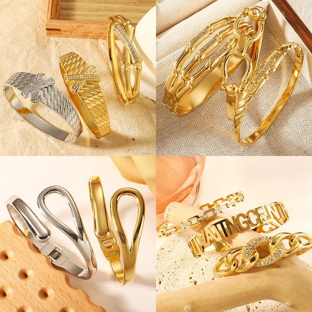 Wholesale Designer Women's Fashion Bracelet Waterproof PVD Gold Plated Stainless Steel with Rhinestone Bamboo Inspired Bangles