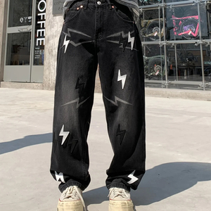 <span class=keywords><strong>Jeans</strong></span> Casual da Uomo con Lavaggio Stone Wash Nero Sfumato, Stile Lightning, Vestibilità Ampia, Pantaloni Lunghi in Denim con Toppe in <span class=keywords><strong>Pelle</strong></span> - Product Image 1