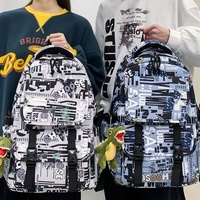 Sac à dos tendance en cuir synthétique microfibre imprimé style graffiti, grande capacité, fermeture éclair, bretelles incurvées