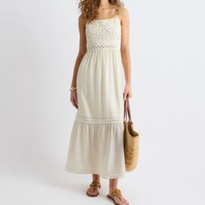 Vestido Midi sin Mangas de Gasa con Crochet y Patchwork, Ecológico, Transpirable, Lavable, Antiarrugas, Diseño Drapeado Moderno, Verano, OEM - Product Image 1