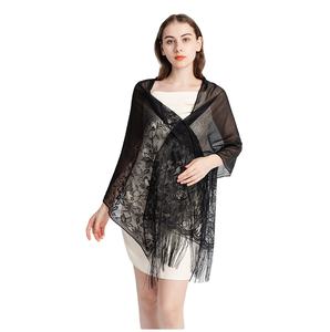 Venta al por mayor tela de encaje de las mujeres otras bufandas chal con borlas Sexy encaje <span class=keywords><strong>flores</strong></span> colores sólidos malla envuelve pañuelo para la cabeza Hijab - Product Image 2