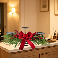 Porte-bougie de Noël de haute qualité 70 cm, décoration de table ou de cheminée avec verdure de pin, nœud rouge et baies, livraison rapide
