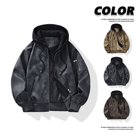 Veste en cuir PU à double doublure avec capuche, style rétro américain pour homme, automne/hiver - Costume de moto décontracté tendance pour homme