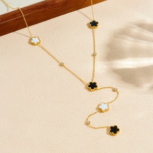 Fashion Pendant Necklace Gold Plated Black Flower Y Shape Long Chain Daily Wear - Product Image 2