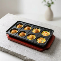 Plaque de cuisson en fonte à 8 trous avec base en bois pour boulettes de viande et takoyaki