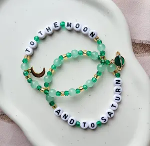 Customized Inspired Exchange Bracelet Moon and Saturn jewelry Handmade Bracelet for couple green jade bead choose your letter
