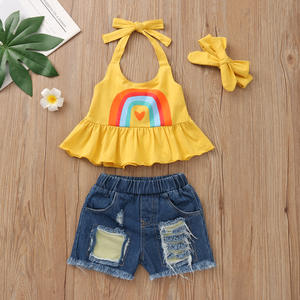 Conjunto de Ropa de Verano para Niñas Pequeñas 4780, Top de Tirantes con Hombros Descubiertos, Pantalones Cortos de Mezclilla con Agujeros, Conjuntos de Ropa para Niños Pequeños 2021 - Product Image 2