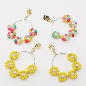 wholesale glass seed rice bead thin large loop earrings women flowers charms dangle drop hoops earring China Supplier