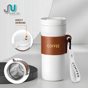 Tazza da Caffè <span class=keywords><strong>Vintage</strong></span> in Pelle 500ml con Coperchio e Cannuccia, Bocca Larga in Acciaio Inossidabile, Bianco Opaco Marrone per Ufficio, Caffetteria, Pendolarismo - Product Image 1