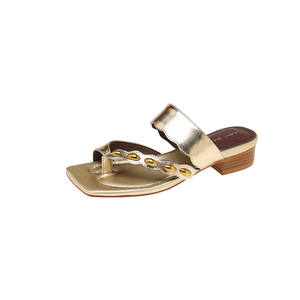 Sandales d'été pour femmes en cuir, style minimaliste métallique, couleur unie, à enfiler, plateforme, grande taille, bout carré - Product Image 3