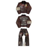 Ensemble veste et jean vintage pour homme, design patchwork brodé, tenue streetwear rétro, personnalisable, directement de l'usine