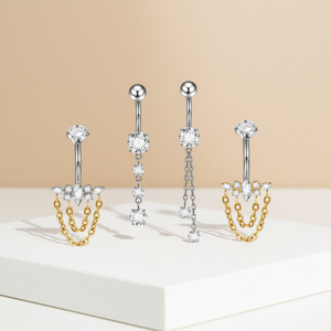 Nouvelles bagues de nombril incurvées en titane ASTM F136 plaqué zircon marquise avec chaîne, filetage interne - Product Image 1