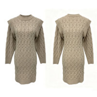 Robe pull chic en maille torsadée couleur avoine à manches courtes et volants aux épaules, élégante robe midi en maille pour femme