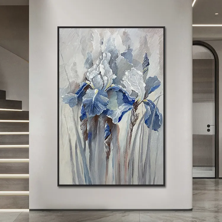 壁の装飾ハンドペイント特大ブルー抽象花キャンバス絵画花テクスチャードアートワーク