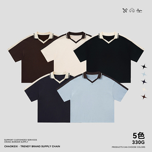 เสื้อโปโลวินเทจ 330 กรัม ผ้าลายวาฟเฟิล แต่งเทปตัดต่อ คอวี สไตล์ลำลอง มี 5 สี  ขั้นต่ำในการสั่งซื้อน้อย รับสั่งทำ - Product Image 2