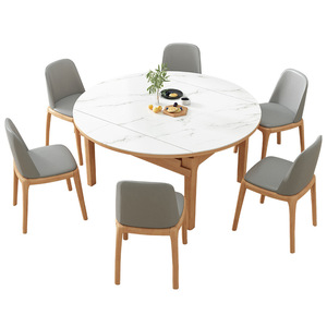 Mesa de comedor redonda extensible y plegable de estilo nórdico minimalista en color madera natural para comedor - Product Image 3