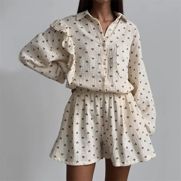 Fashion Cotton Leinen Shirt Shorts Zweiteiliges Set für Frauen Autumn Home Wear V-Ausschnitt Rüschen Langarm Pocket Shirts mit Shorts
