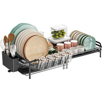 Égouttoir à vaisselle rétractable et pliable 2-en-1 en métal résistant à la rouille avec double égouttoir et support pour tasses et couverts pour cuisine