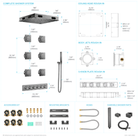 Système de douche pluie : Pommeau de plafond 16 pouces avec jets latéraux et douchette à main, robinetterie thermostatique 5 fonctions