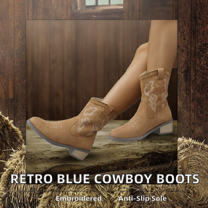 Wholesale Autumn Retro Blue Women's Western Cowboy Striped Embroidered Anti-Slip Slip-On Ankle Fashion Trend Short Barrel - Product Image 2