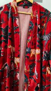 <b>Red</b> Animal Print Velvet Robe Women's Long Three Quarter Sleeve Wrap Coat Winter Fashion Outerwear - Product Image 6