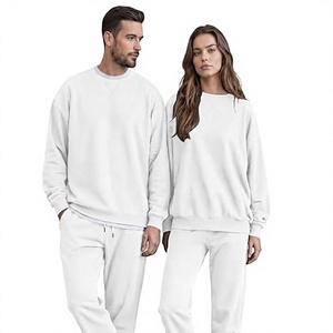 Unisex <b>White</b> Crew Neck <b>Sweatshirt</b> Set Fleece Casual Wear Full Length Relaxed Fit All Seasons Solid Color Knitted - Product Image 2