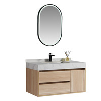 Meuble-lavabo mural moderne en bois massif avec miroir intelligent et vasque en céramique, style rock board, pour salle de bain