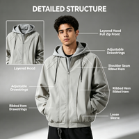 Blouson bomber à capuche superposé pour homme, coupe décontractée, effet deux pièces, coupe-vent léger, vêtement de sport, double fermeture éclair, streetwear, noir