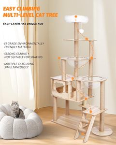 Árbol rascador moderno para gatos con hamaca, de madera y algodón, embalado en cartón, estructura de escalada para interiores. - Product Image 4