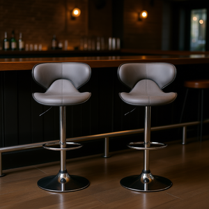 Masaccio <b>Bar</b> <b>Stool</b> Set Of 2 <b>Grey</b> Pu <b>Leather</b> Adjustable Chrome Base Swivel Modern Contemporary Design - Product Image 2