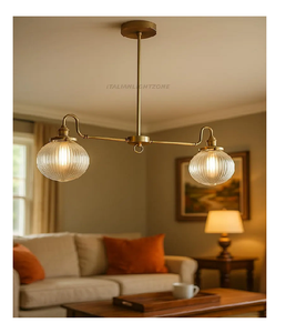 Lustre en laiton avec abat-jour en verre côtelé, suspension linéaire à 2 lumières, luminaire de plafond italien de style mid-century pour cuisine et salle à manger - Product Image 1