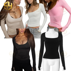2025 primavera nuevas blusas básicas de fondo Sexy cuello cuadrado sobre los dedos Color sólido cintura delgada corta Slim Fit camiseta de tela de punto - Product Image 1