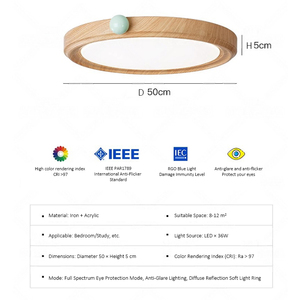 Japanese Natural Wood Style Ceiling <strong>Light</strong> for Bedroom Round Full <strong>Spectrum</strong> Eye-Protecting Reading Lamps for Bedroom &amp; Study - Product Image 3