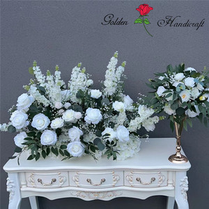 Composizione Floreale Decorativa per Corridoio Nuziale, Rose Bianche Artificiali con Foglie Verdi, <span class=keywords><strong>Runner</strong></span> Floreale per Decorazione Ingresso - Product Image 2