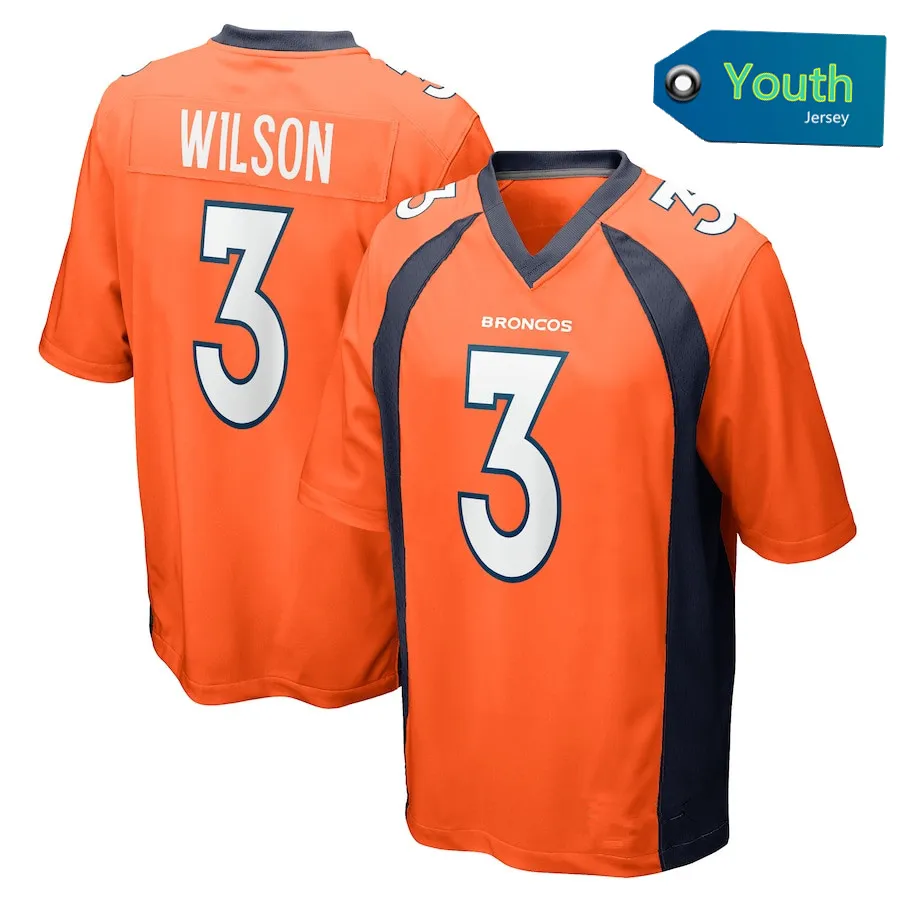 Russell Wilson Juventude Denver Jerseys Futebol Americano Costurado VP Limitada Jerseys Para Crianças Menino-Azul Marinho Laranja